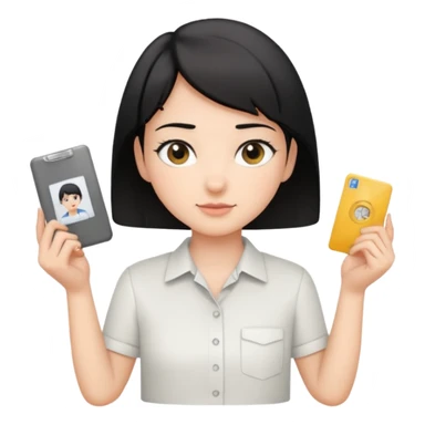 A young guide with short black hair and fair skin is wearing a white shirt, showcasing her license with both hands, which is horizontal. sticker