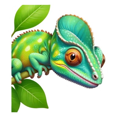 cinematic cute-smiling baby chameleon-realistic emoji,-blending-with-vibrant-greenery.-detailed-scales-in-shifting-colors,-showing-the-chameleon’s-ability-to-camouflage.-soft-natural-light-highlights-its-texture.-light-background, zoomed into its face sticker