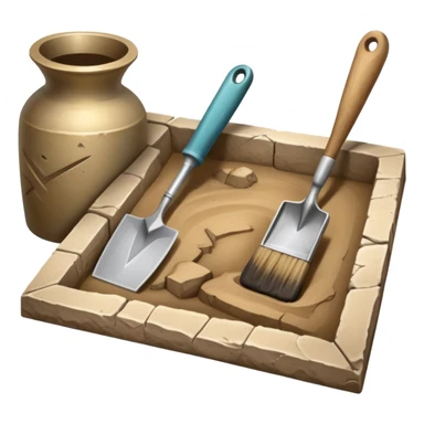 An icon showing an archaeologist’s tools: a trowel, brush, and a partially uncovered ancient artifact like a vase or tablet. The design includes a sandy excavation site with ruins in the background, symbolizing the discovery of past civilizations. Transparent background  sticker