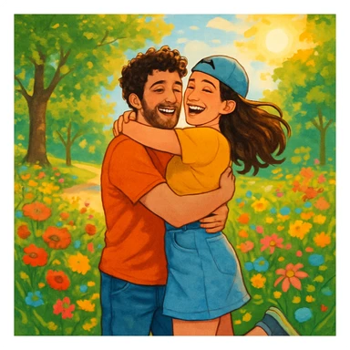 a couple hugging in a park, playful and colorful, bright and joyful atmosphere sticker