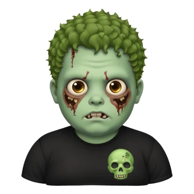 a zombie boy with brown curly hair and a fat double chin, with black t shirt sticker