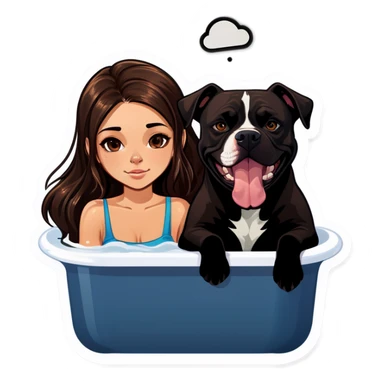 Beautiful young girl just slightly overweight with long dark choppy hair cascading over her shoulders holding her black iPhone with her medium brown dog with an under bath. It looks like a pitbull laying beside her. sticker