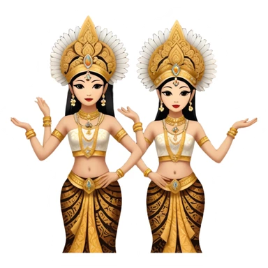​Cinematic Realistic Traditional Javanese Dancers, depicted as two graceful dancers in ornate traditional costumes with intricate batik patterns and elaborate headpieces, captured in dynamic poses during a ritual dance in an ancient temple courtyard, rendered with soft golden lighting and rich cultural textures, sticker