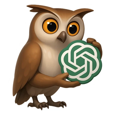 Сова восхищенно держит в руках логотип GPT, будто это череп из Гамлета в духе "Быть или не быть, вот в чем вопрос", прозрачный фон sticker