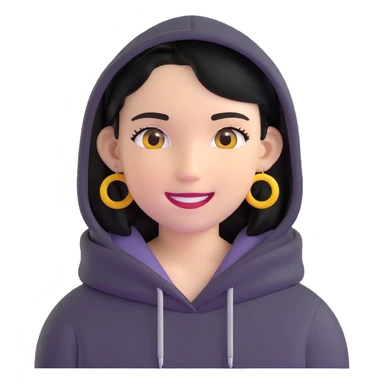person with military cut black hair, brown eyes, wearing 2 circle earrings and a black hoodie with a smiley face sticker