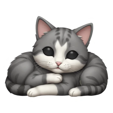 dark grey and white small cat with closed eyes, leaning his head on his paw while leaning on his elbow lying down sticker