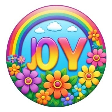 A round psychedelic colored button that says joy with rainbow colored hippie style flowers sticker