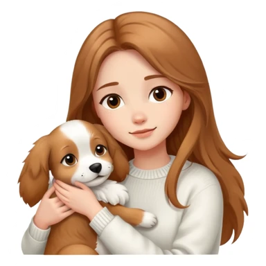 a girl with long light brown hair, in a white sweater, hugs a cute one dog. sticker