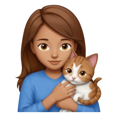 Create an emoji that has a girl wearing a blue shirt and brown hair snuggling a kitten. sticker