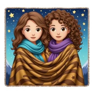 star blanket scene — long wavy brown hair tattooed woman and short tight curly brown hair woman — sharing oversized scarf blanket sticker