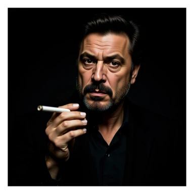realistic portrait of a man inspired by Robert De Niro in Goodfellas, holding a cigarette, moody lighting, intense gaze sticker