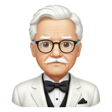 Colonel Sanders KFC, old man with white hair, white goatee, black bow tie, white suit, glasses sticker