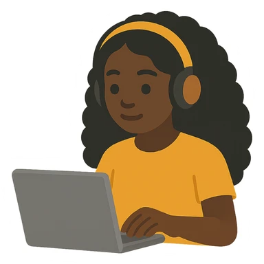 dark skin African American girl, long curly black hair, yellow shirt, headphones, typing at a laptop, flat vector style sticker