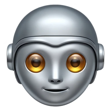 A cute futuristic robot emoji made of silver chrome, rounded friendly body, minimal facial features, glossy metallic surface, soft reflections, iOS emoji style, centered, clean white background sticker