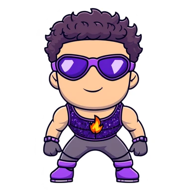 close-up of cool guy male athlete with white skin and moderately curly dark brown hair on top with shaved sides, with one purple ski goggle lens pushed up above his eyes on his forehead, with an arrogant smug smirk on his face, wearing only a plain black chain necklace around his neck, and a completely unzipped sleeveless vest with purple and black sequin fire pattern design with no logo, clearly showing he is shirtless underneath with exposed chest and abs sticker