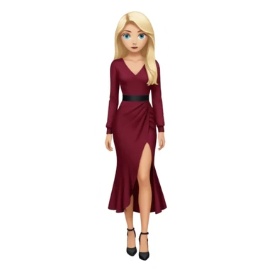 Chica rubia, ojos azules, vestido granate largo sexy cuerpo entero pelo largo manga larga zapatos negros tacon sticker