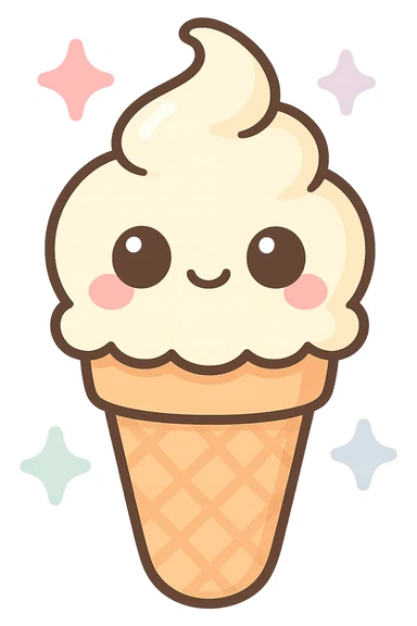 vanilla ice cream cone Marvi style, kawaii style, rosy cheeks, smiling, shiny details, transparent background sticker