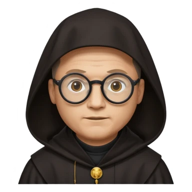 Monk priest prayer black habit with hood round black glasses done light brown wavy hair under hood remove the medallion smaller more round glassed age 46  sticker
