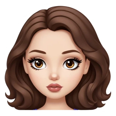 wavy brown hair, pretty lips, pale skin,  dark brown eyes, pretty bratz baddie, black eyeliner sticker