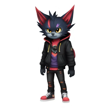 Cool Anthro Black Noibat-Quilava-Litten-Pokémon with edgy stripes hoodie spiked collar punk Full Body sticker