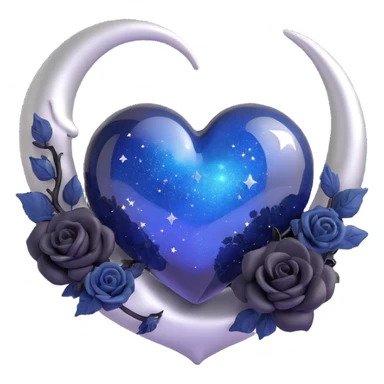 3D emoji gothic heart, midnight blue glass, silver crescent moon, tiny black roses, shimmering stardust, swirling galaxy background, glowing rune pattern, frost and ice effect sticker