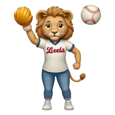 confident anthropomorphised female lion wearing a baseball shirt, jeans, and trainers, lifting an object sticker