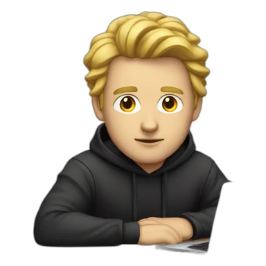 a serious-looking white man, wearing a black hoodie, behind a laptop sticker