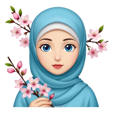 Turkish beautiful finish Konya girl blue eyes with hijab islamic dress and had on her hand cherry blossom sticker