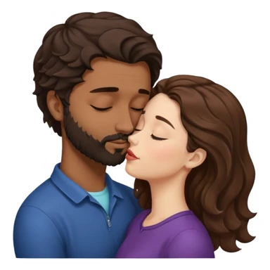 White woman (brown hair with eyes closed) kissing the top of the head (forehead) of brown man with black wavy hair (has a a beard with his eyes closed too). Woman has her lips to the forehead of the man. sticker