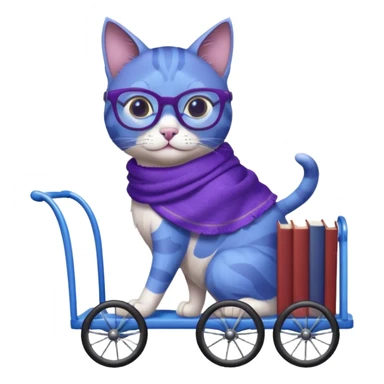 Purple and blue cat, with glasses and a shawl, pushing a 4 wheeled cart full of books sticker