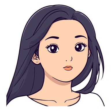 White girl with long oval shaped face, large almond shaped eyes with long eyelashes, long straight black hair falling in front of her bare shoulders, face closeup sticker