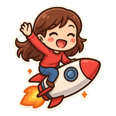 rocket emoji with a lady riding on top in a fun and dynamic pose, vibrant colors, simple background sticker