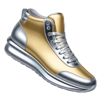 A pair of futuristic sneakers emoji made of silver chrome, sleek streetwear design, smooth metallic panels, subtle reflections, luxury swag aesthetic, iOS emoji style, centered, clean white background sticker