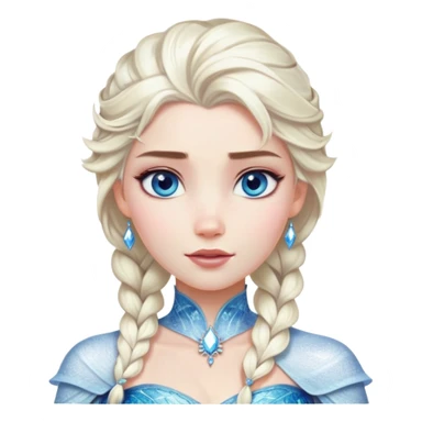 Cinematic Realistic Elsa Portrait, depicted with lifelike skin texture, soft natural lighting, and intricately detailed platinum blonde hair styled elegantly. Her striking, expressive blue eyes exude confidence and grace, complemented by a serene and regal expression. She is dressed in her signature icy attire, with shimmering fabric textures and delicate folds that catch the light beautifully. The portrait features a soft, enchanting glow with a cool, radiant finish, capturing the essence of timeless elegance in a realistic and painterly style, evoking a sense of depth and authenticity. sticker