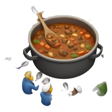pot of stew on table with people holding long spoons surrounding said table sticker
