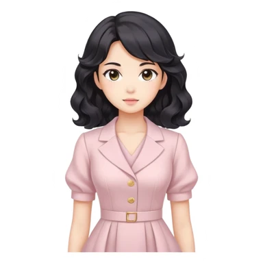 Confident kawaii anime businesswoman with beautiful black wavy hair wearing a soft feminine pastel dress, future boss lady sticker