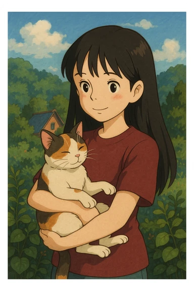 cute girl with straight long black hair, wearing a maroon shirt, carrying a cat, charming illustration style sticker