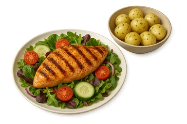 insalate con petto di pollo grigliato e bowl di patate cotte poggiate per terra, iperrealistico 4k sticker