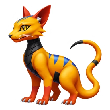 Colorful orange red black yellow Bastet-Salandit-Gatomon-Vernid-Protogen-Digimon-Fakémon-Pokémon-creature  (full body) sticker