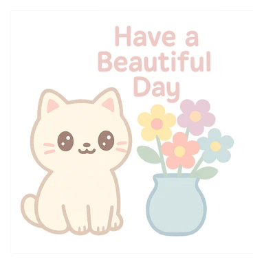 A cheerful cat sitting next to a vase filled with colorful flowers, with the text "Have a Beautiful Day". The image should convey happiness and positivity. sticker