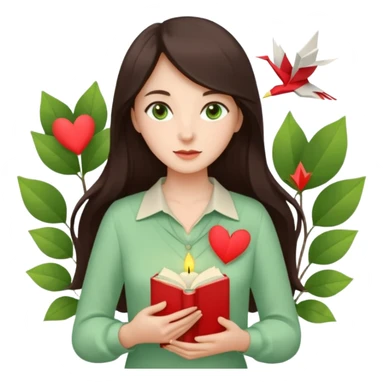 Gentle woman with fair skin, long dark brown hair, green eyes, light green blouse, holding a book to her chest. Surrounded by a heart, paper crane, leaves, and candle. Waist-up, front-facing sticker