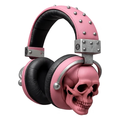 Isolate and keep only the realistic pink gothic headphones with sculpted skulls, leather texture, and silver studs in a photorealistic style with no background. sticker