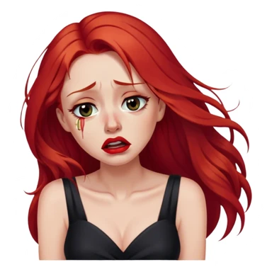 a crying woman with long red hair and red eyes. The woman wear a black little cutted dress. She have red lipstick and she have a seductive look. She cryed tears  sticker