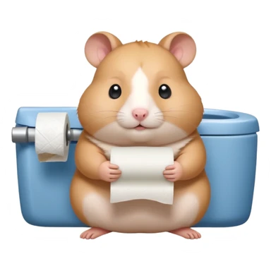 Cute chubby cartoon-style hamster sitting on toilet holding toilet paper looking as if he had an accident, sticker-style illustration sticker