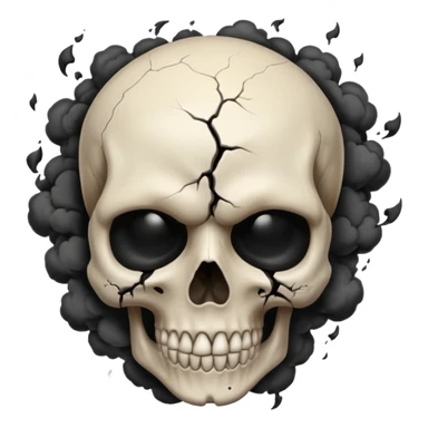 iOS style emoji, dark fantasy skull, cracks, black smoke from eyes, soft light, stylized sticker