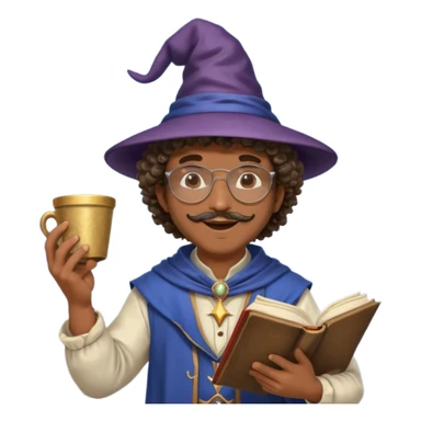 A Joyful Adult Male with Brown skin and Curly hair, wearing a Traditional outfit, a Wizard hat, Sunglasses, carrying a Spellbook, working as a farmer, while drinking Coffee and reading a Textbook. sticker