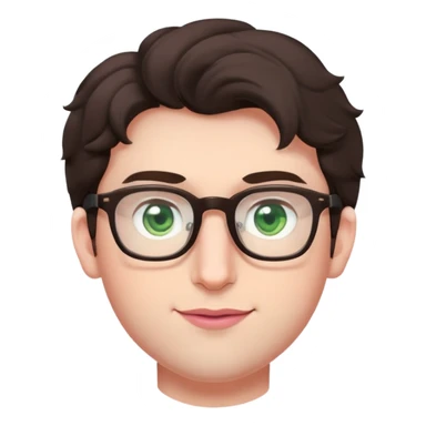 Young man with slightly curled dark brown poofy hair, green eyes wearing glasses, wide face with eyes set apart, bigger ears, very pale skin, slightly bigger nose, fuller darker pink lips with a smile, and very light stubble sticker