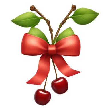 A gift bow with two short strings hanging down. From the center of the bow, two cherry stems with cherries dangle down, as if they are part of the bow sticker