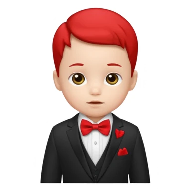 baby boy in suit, with red bow sticker