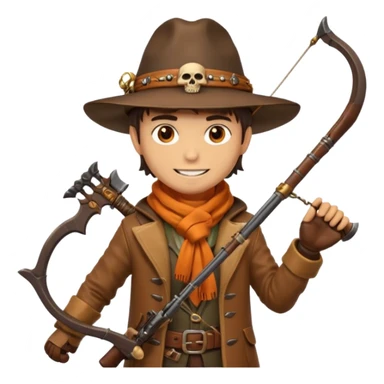 male human monster hunter emoji, wearing brown leather coat and wide hat, holding crossbow or rifle, with amulet shaped like skull, Halloween fantasy theme, confident smile, orange scarf, Apple emoji style, clean white background, square image sticker